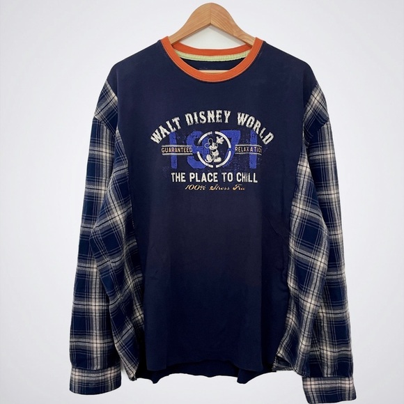 Walt Disney World Mickey Mouse Vintage Graphic Tee Plaid Flannel Long Sleeve Top - Picture 1 of 5